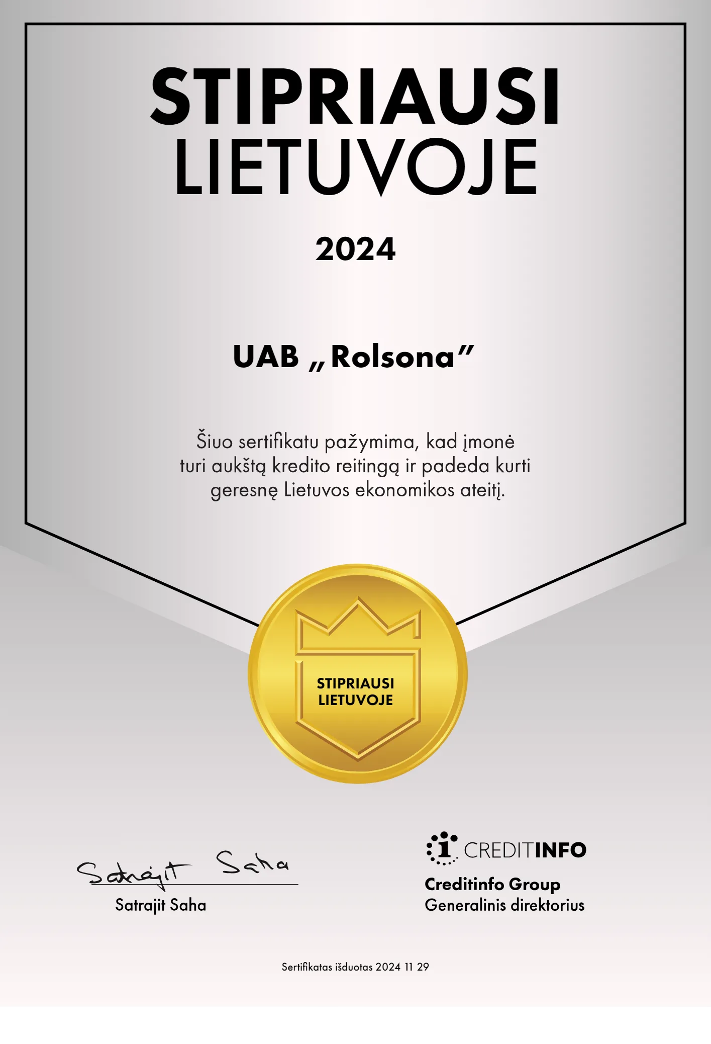 Certificate UAB Rolsona 2024